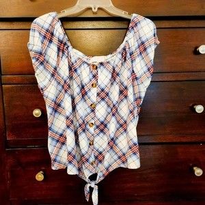 Plaid shirt, elastic neckline for on or off the shoulder, tie front,  Size 1X